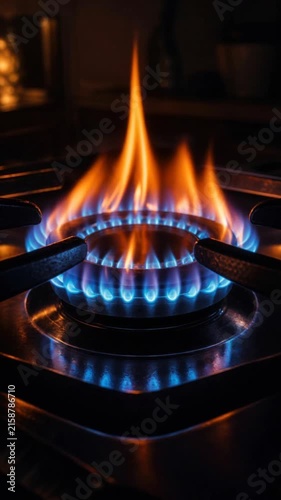 Close up view of a blue and orange flame burning on a gas stove burner in a kitchen