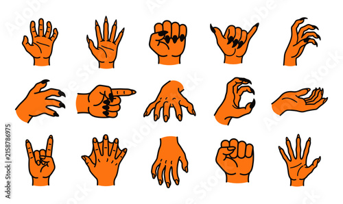 A diverse collection of orange hand vector illustrations perfect for spooky halloween designs and creative projects