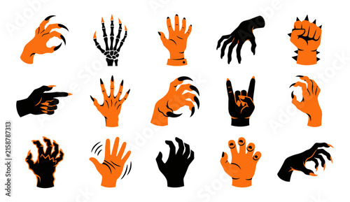 A spooky collection of halloween hand vectors claws skeletons and gestures for festive designs