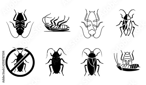 Cockroach and Beetle Insect Pest Control Icon Set with Prohibited Sign and Dead Bug Silhouette Graphic Designs
