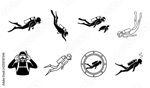 Scuba Diver and Underwater Marine Life Silhouette Icon Set with Ocean Exploration Symbols for Sea Diving Club Designs