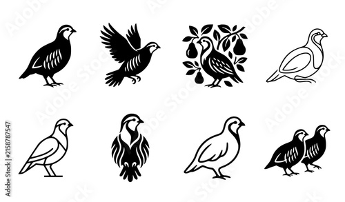 Partridge and Quail Bird Silhouette Icon Set with Pear Tree Symbols for Christmas Holiday Creative Media Designs