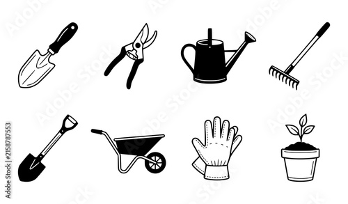 Gardening Tool and Backyard Agriculture Icon Set with Equipment Symbols for Landscaping Store Website Graphic Designs