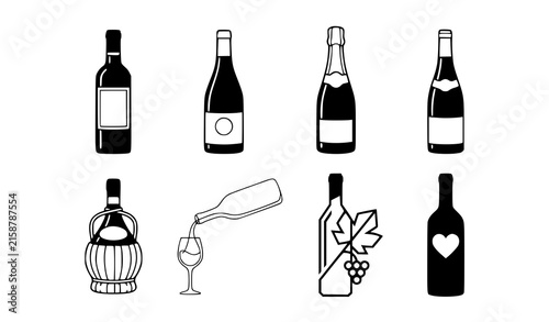 Wine Bottle and Champagne Glass Icon Set with Grape Leaf Elements for Restaurant Bar Menu Creative Layout Designs