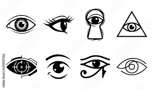 Human Eye and All Seeing Pyramid Line Icon Set with Mystic Vision Graphics for Cyber Security Surveillance Designs