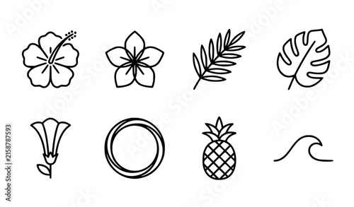 Tropical Beach Resort and Summer Vacation Line Icon Set with Exotic Floral Plant Symbols for Travel Branding Designs