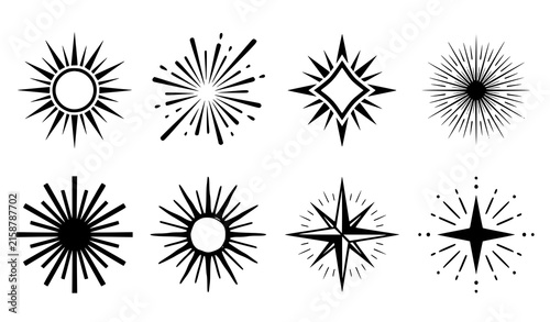 Star Resonance and Sparkle Spark Icon Set with Sunburst Burst Effect Symbols for Creative Holiday Celebration Magic Designs