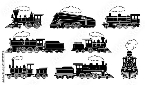 Vintage Steam Train and Locomotive Silhouette Icon Set with Antique Railway Transport Graphic Elements for Creative Project Designs