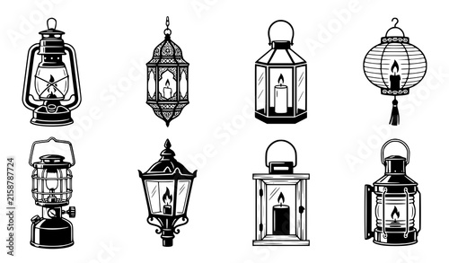 Vintage Lantern and Classic Lamp Icon Set with Antique Lighting Symbols for Retro Graphic Media Project Designs