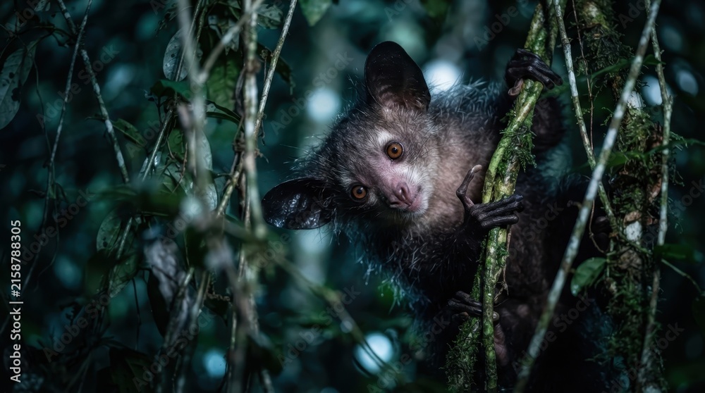 Naklejka premium Aye-aye primate with large ears peeking through lush green jungle foliage