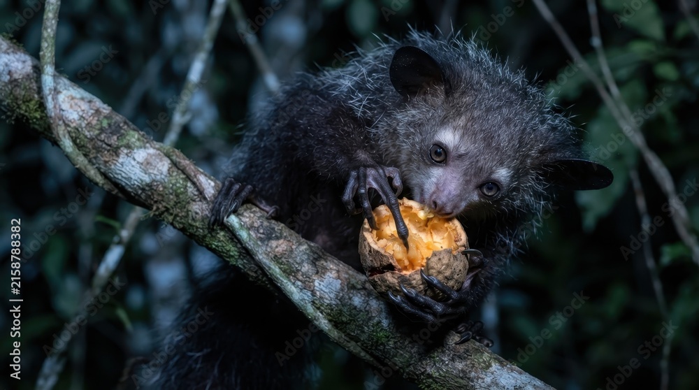 Naklejka premium Aye-aye primate with large ears eats fruit while perched on a tree branch