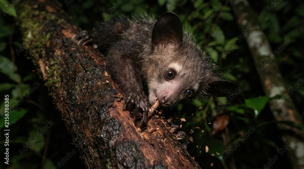 Naklejka premium Aye-aye primate foraging for insects on a mossy tree branch at night