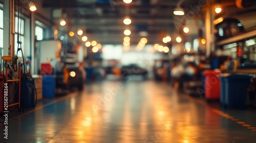 warm-lit blurred automotive workshop interior with reflective polished floor, overhead industrial lights, equipment, storage bins, indistinct vehicles and workers conveying a busy calm atmosphere