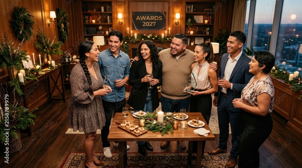 Fototapeta premium Diverse group celebrates achievement at a festive awards ceremony indoors
