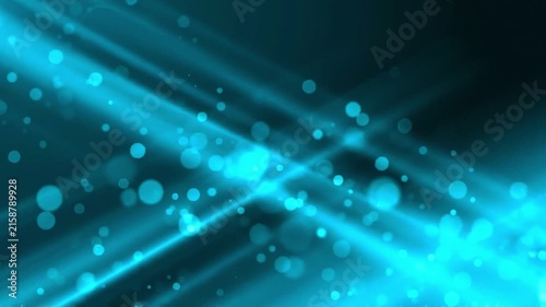 Abstract blue motion background featuring diagonal light beams and glowing bokeh particles shimmering in space.