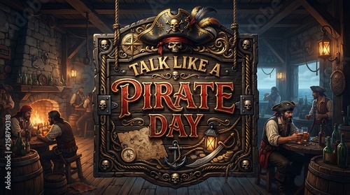 Talk like a pirate day wooden sign in a rustic tavern with pirates drinking at tables