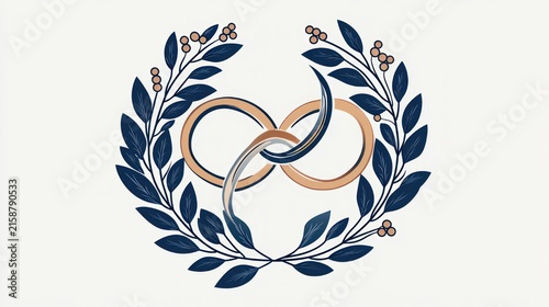 interlocking gold and silver wedding rings forming a heart surrounded by a navy laurel wreath with berries elegant romantic emblem