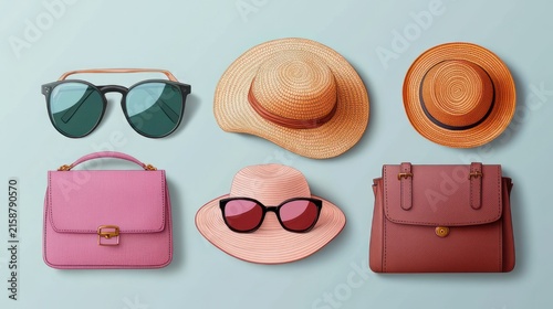 flat lay of three sun hats (straw, pink, orange), two sunglasses and two handbags on a pale blue background conveying chic summery vacation mood