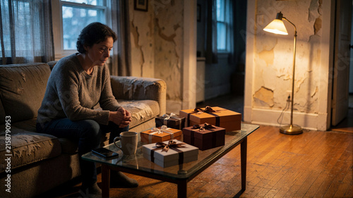 Sad lonely woman sitting on sofa looking at gift boxes on coffee table