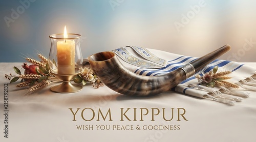 Yom kippur greeting card featuring a shofar, a lit memorial candle, and a tallit on a table, symbolizing jewish atonement and prayer