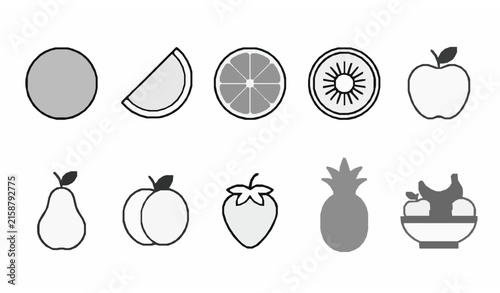 Whole And Sliced Fruit Thin Line Icons Vector Set