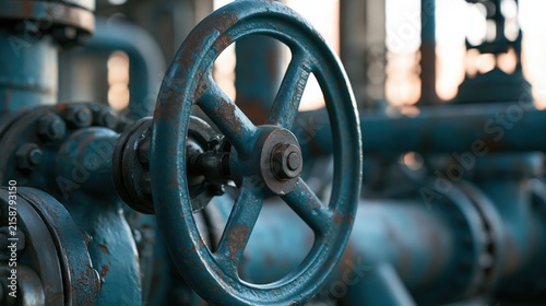Industrial valve wheel mounted on a blue pipeline system controls flow at a processing plant.