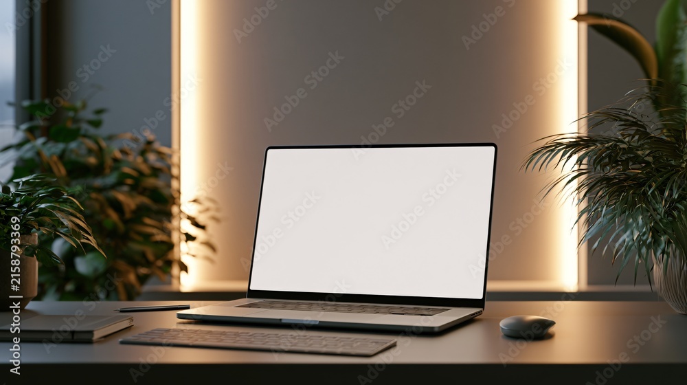 Fototapeta premium Modern Laptop Mockup with Blank Screen in Stylish Green Office