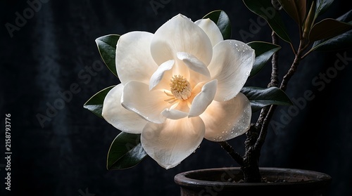 Beautiful white magnolia flower blooming in a dark setting