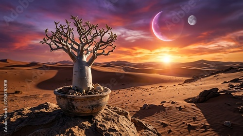 Bonsai tree in a desert landscape at sunset with moon