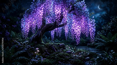Glowing purple wisteria tree in a dark magical forest