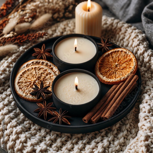 Cozy Autumn Still Life with Scented Candles and Spices