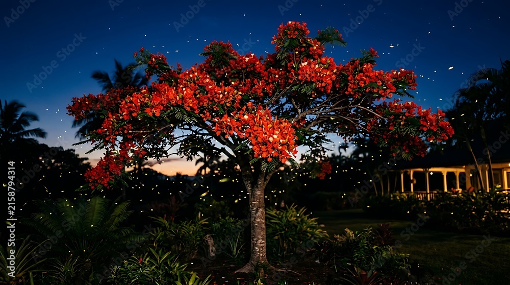 Obraz premium Blooming flamboyant tree with orange flowers at night