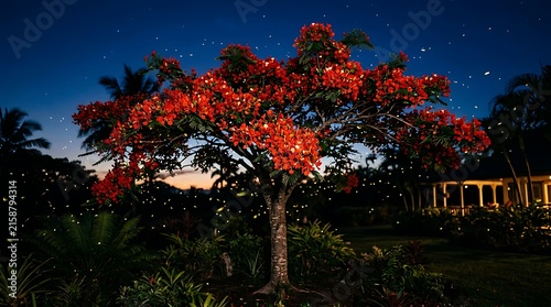 Blooming flamboyant tree with orange flowers at night