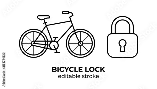 Bicycle lock line icon with bike and padlock security vector illustration isolated on white background with editable stroke
