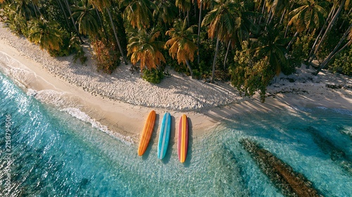 Three Colorful Surfboards Lined Up on a Tropical Beach Next to Turquoise Water