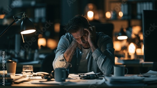 Exhausted businessman sits at his desk late at night overwhelmed by work stress.