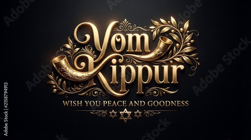 Elegant gold yom kippur greeting card with shofar and star of david on dark background