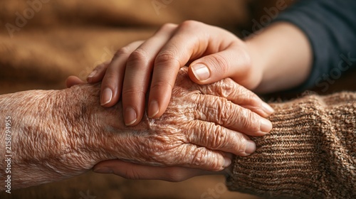 Younger hand gently holds a senior person's wrinkled hand in a comforting gesture of care.