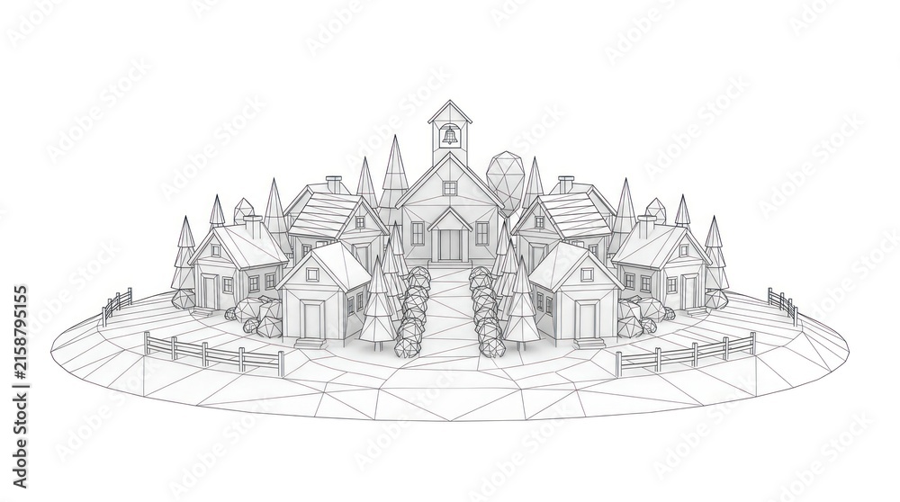 Fototapeta premium Architectural sketch of a small village scene with church and houses