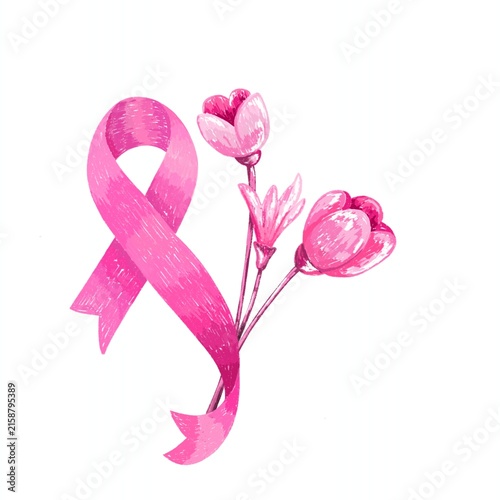 Foto Pink breast cancer awareness ribbon with flowers in a hand drawn style