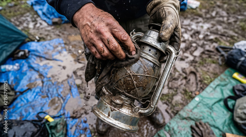 Person with mud covered hands cleaning a vintage metal kerosene lantern outdoors.