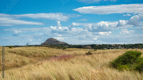 Fotografía North Berwick Law volcanic hill visible beyond grassy coastal dunes in East Loth