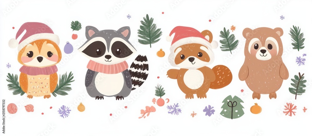 Fototapeta premium Cute owl, raccoon, fox and bear wearing winter hats and scarves among pine branches, ornaments, snowflakes and leaves, cheerful festive woodland friends