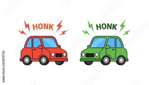 Photography Red and green cartoon cars honking their horns with loud sound effect text signa