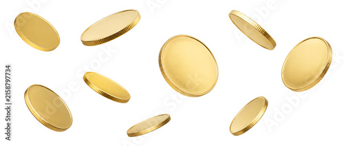 Floating gold coins isolated on transparent background