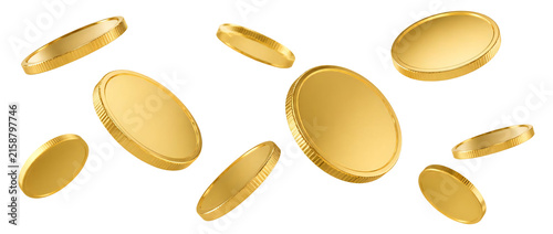 Floating gold coins isolated on transparent background