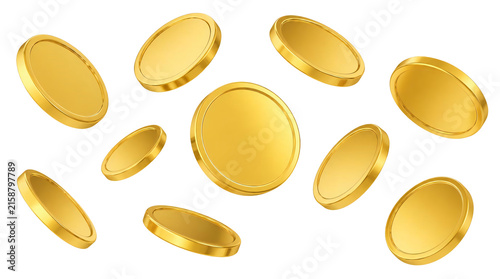 Floating gold coins isolated on transparent background