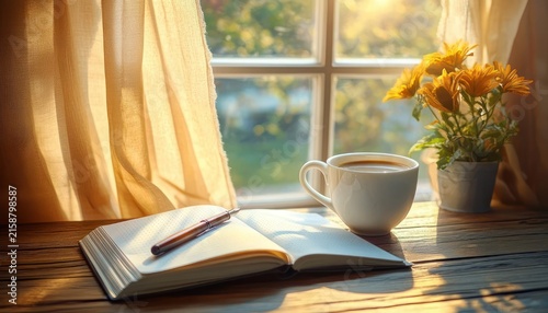 sunlit morning scene with open journal and pen, cup of coffee, yellow potted flowers on wooden table, soft curtains and warm peaceful light