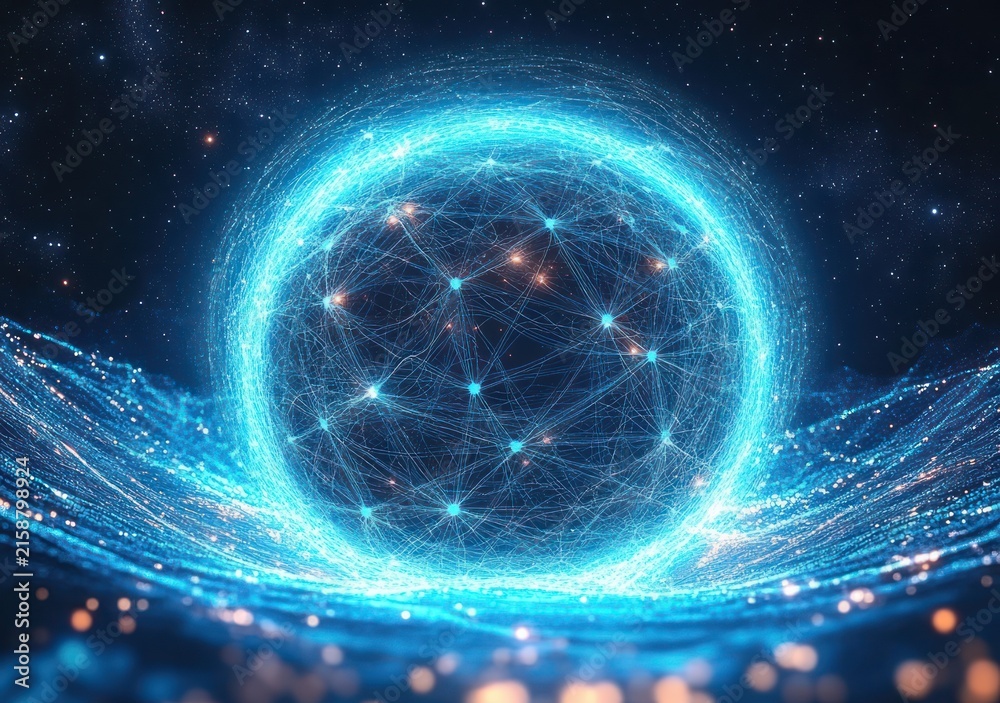 Fototapeta premium Glowing blue network sphere of interconnected nodes and streaming particle waves in a cosmic starfield, evoking wonder and futuristic energy
