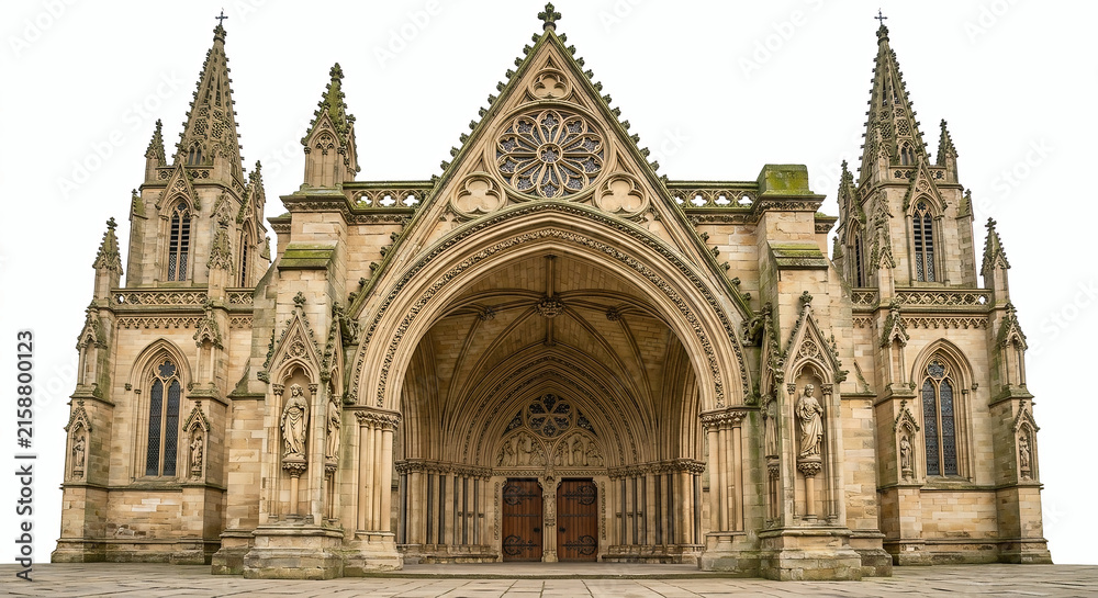 Obraz premium Gothic cathedral facade with stone arches and rose window isolated on white background